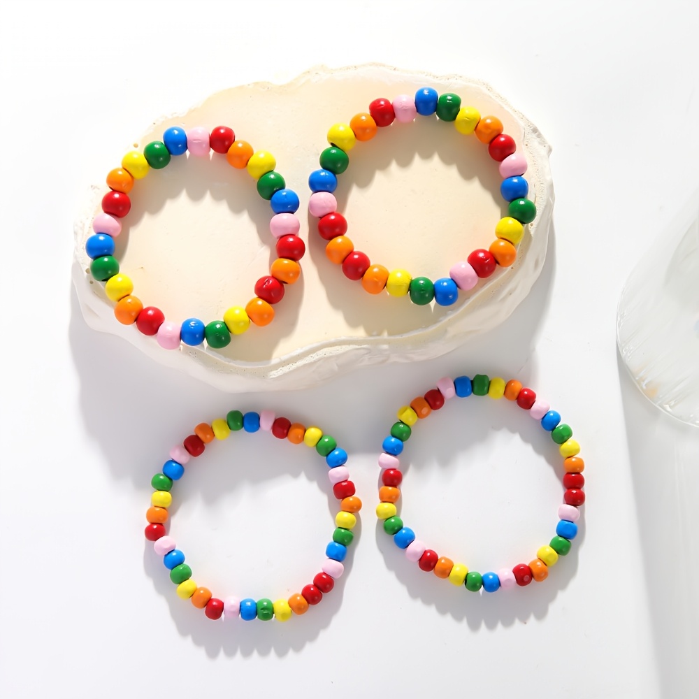 4pcs Rainbow Wooden Bead Bracelet Set Boho Style Layer Stretch Bangle